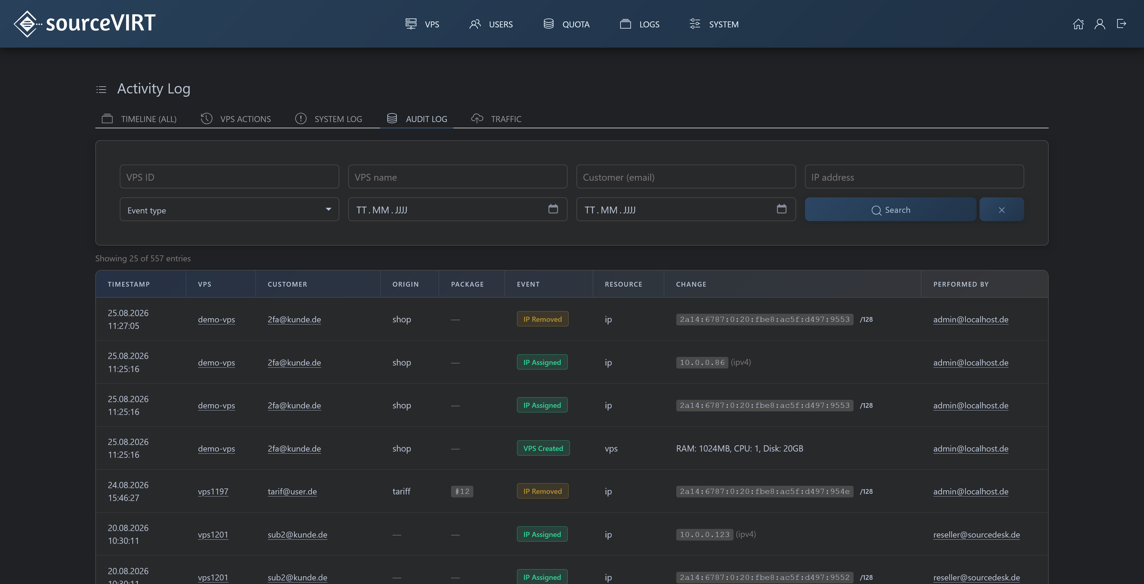 Activity log with audit log, VPS, customer and change